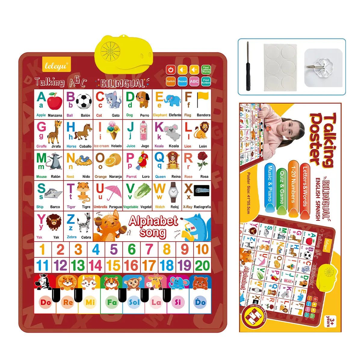 Bilingual Talking Wall Chart – English & Spanish Learning Poster for Kids with Songs, Alphabet, Numbers, Animal Words, and Piano – Interactive Educational Toy for Ages 1-6, Screen-Free, Battery-Powered, Classroom Use, Alphabet Preschool sohochic