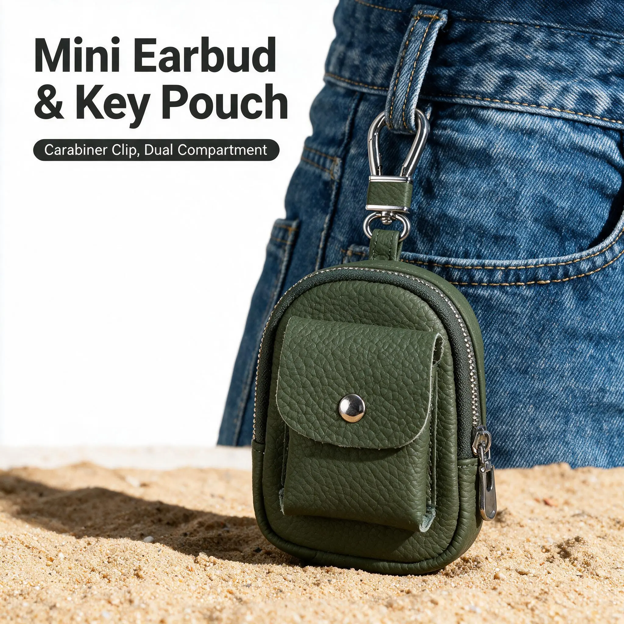 Top Grain Leather Mini Earbud Pouch with Carabiner, Small Organizer Bag for AirPods Earphones USB Keys Coins, Dual Compartment Keychain Pouch with Built-in Key Ring, Portable Mini Storage Case for Men Women