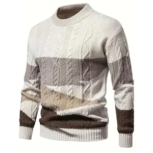 Men'S Color Block Cable Knit Sweater - Soft Crew Neck Long Sleeve Pullover with Geometric Pattern, Beige & Brown Two-Tone Design, Casual Fall/Winter Wear, Everyday Comfort, Casual Wear Sweater| Cable Knit Sweater|Construction, Sweater Vest, Golf Sweater F