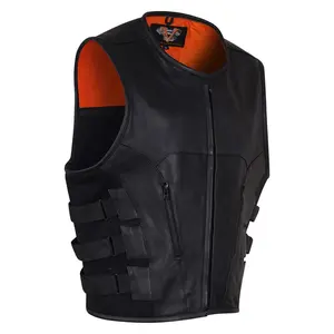 Mens Black SWAT Team Style Premium Leather Motorcycle Vest Mens Black SWAT Team Style Premium Leather Motorcycle Vest