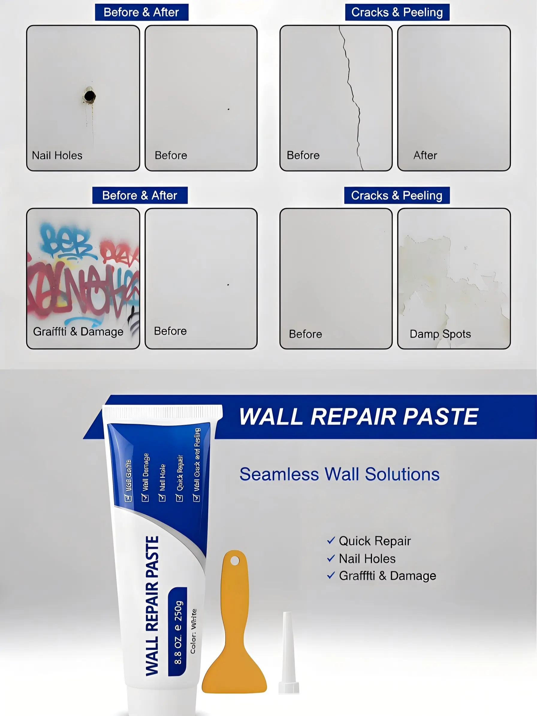 Wall Crack Filler 250g, Quick-Drying Drywall Repair Paste, Waterproof Wall Mending Compound, Heavy Duty Concrete Repair Adhesive White Spackle Kit