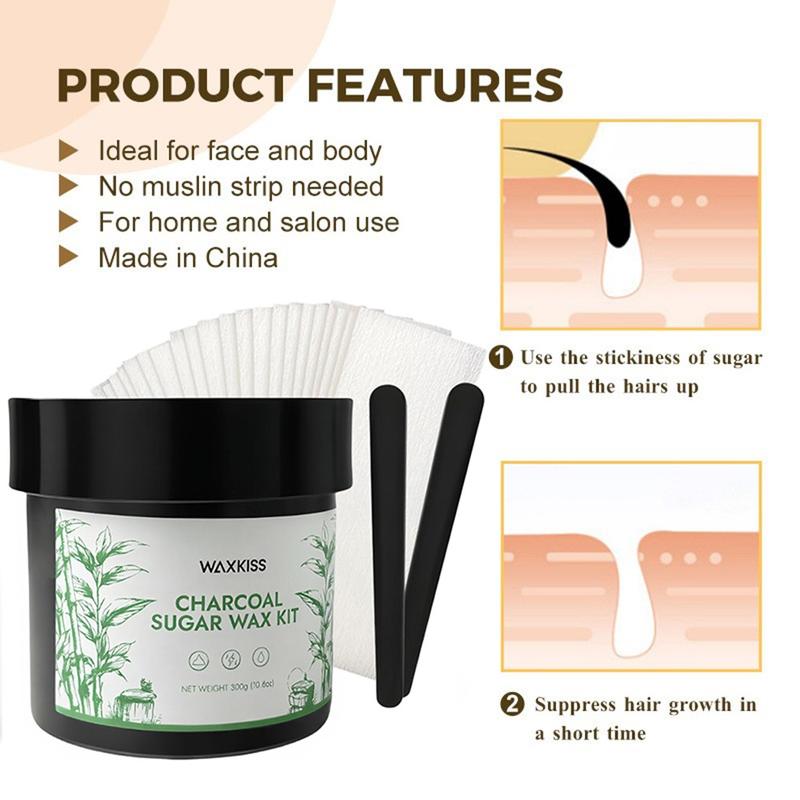Sugar Waxing Kit, Clean & Easy Charcoal Honey Hair Removal Wax for Personal at Home & Professional at Salon Use, All Skin Types Wax Kit For Women Bikini Face Arms & Legs, Gentle Sugaring Kit - 10.6 oz, 0.66lbs, 300g/Can