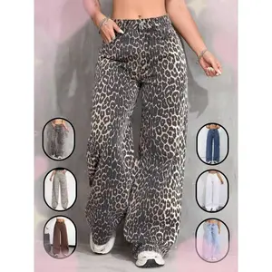 Women’s leopard-print denim high-waisted loose flared pants, Valentine’s Day gift, casual streetwear for the evening, suitable for all seasons GARMENTARY
