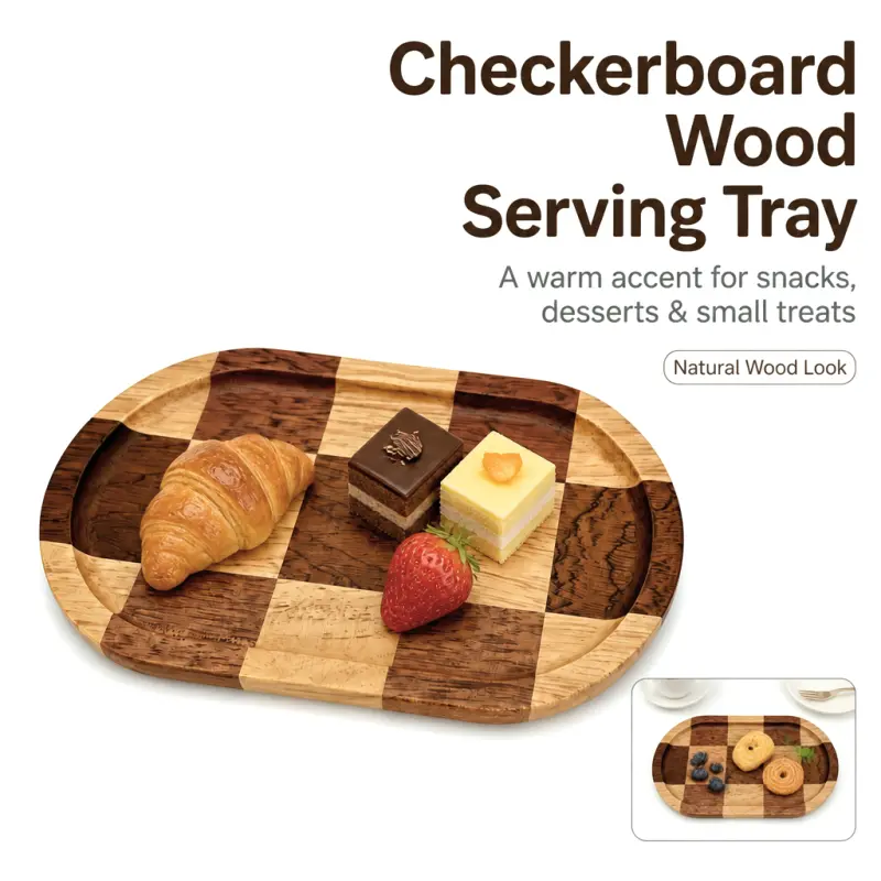 Two-piece country-style checkered tray set – oval wooden serving tray for cheese, cooked foods, fruit, bread, vegetables, and dips – shallow-dish serving plate, housewarming gift, Halloween and Christmas decorative tray