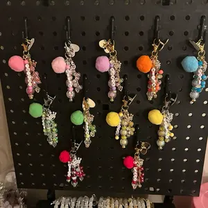 Chunky Charm Keychains, Cup and Phone Accessories with Colorful Pom Poms and Beads - Boho Style, Versatile Use, Gift Idea