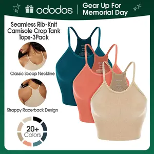 ODODOS Women's Crop 3-Pack Seamless Rib-Knit Camisole Tank Tops - Stretchy 4-Way Fabric for Yoga & Workouts - Soft Lightweight Design,No Padding