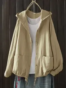 Women's Plus Size Casual Hooded Jacket, Long Sleeve Drawstring Waistcoat with Pockets, Fashionable Plain Design for Daily Wear