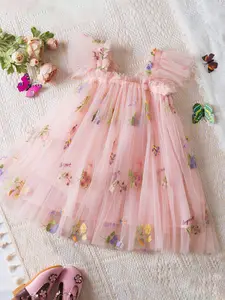 Girl's Floral Embroidery Tulle Dress, Cute Butterfly Design Dress for Party, Kids Clothes for Summer Holiday, Embroidered Tulle Dress