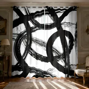 2-piece modern abstract art curtains black and white brushwork design printed filter translucent curtains, suitable for machine washable decorative curtains in living rooms, bedrooms, kitchens, etc. Window Curtain