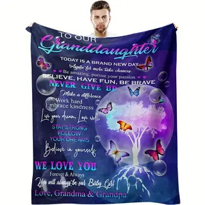 Granddaughter Inspirational Quote Knitted Throw Blanket - Soft Polyester Lodge Style Flannel with Butterfly & Floral Design, Character Theme Bedding, All Season Comfort, Lodge Pattern Gift from Grandma & Grandpa
