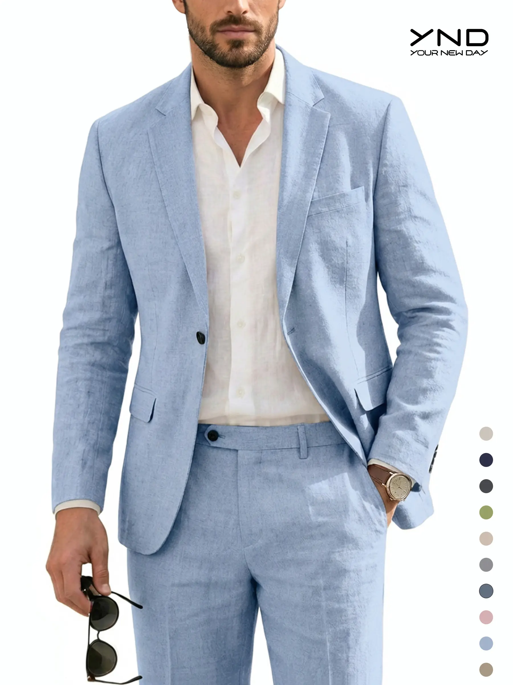 YND Men's 2-Piece Plain Linen Casual Suit Set - Regular Fit, Lightweight Blazer & Pants, Formal Wear Menswear for Wedding, Business, Button, Fitted, Shoulder Pads, Casual Linen, Alt Prom Men's Suits, Alternative Style Men's Suits