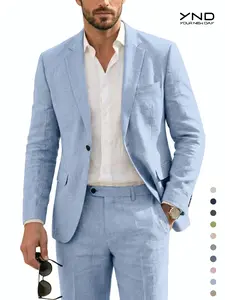 YND Men's 2 Piece Casual Linen Suit Set, Regular Fit Lightweight Blazer Jacket and Pants for Wedding, Business,Party summervibes Formal Beige