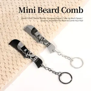 Men's Mini Beard Comb Keychain, Portable Pocket Comb with Fine Teeth, Stainless Steel Carved Pattern, Facial Hair Grooming & Styling Tool, Hair Care