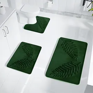 3-Piece Solid Color Leaf Embossed Bathroom Mat Set, Absorbent Non-Slip Bath Mats