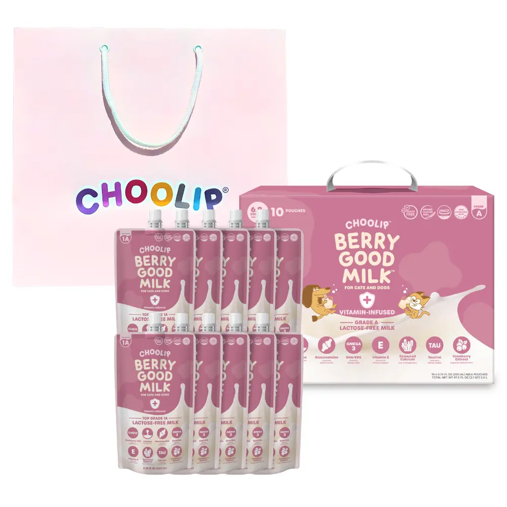 Choolip Berry Good Lactose-Free Pet Milk (10 Pack + Gift Bag) #Summervibes - Vitamin-Infused Hydration, Urinary Support, Daily Dog & Cat Wellness Supplement (200ml x 10 Pouches with Gift Bag)