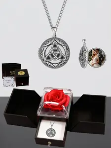 Celtic Triangle Knot Photo Locket Pendant Necklace Geometric Heart Design Gift Box Included, Love Memorial Gift for Women