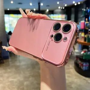 Luxury Large Window Electroplated Frame Shockproof Phone Cases For iPhone 16 15 14 13 Pro Max Glass Lens Protection Hard Matte Cover