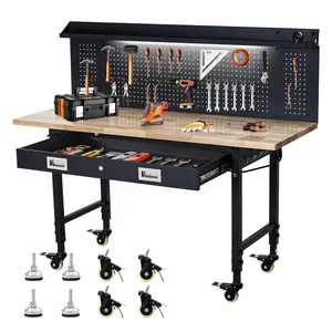 New Upgraded Utility Tables Heavy-Duty 60-Inch Garage Workbench with Wheels, Adjustable Durable Rubber Wood Top, Built-In Power Outlet, Pegboard, Drawer, 2000 lbs Load Capacity for Woodworking, Office & Home Use