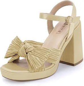 IDIFU IN4 Platform Heels for Women Chunky Block High Bow Heels Square Open Toe Slingback Heeled Sandals Bride Bridesmaid Wedding Bridal Prom Dress Shoes Comfortable Dressy Cute Ankle Strap Thick Heels Footwear Walking Shoes Girl Summer Flatform Kitchen Pu