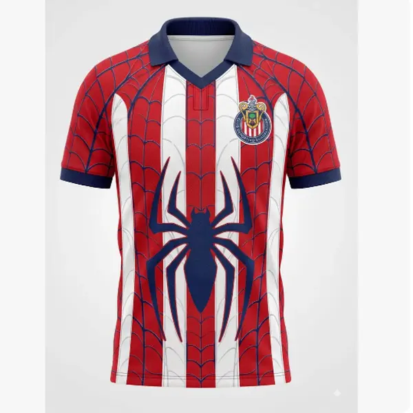 Red White Web Soccer Chivas Jersey, Graphic Football Polo Shirt, Short Sleeve Sports Jersey, Game Day Fan Shirt for Men