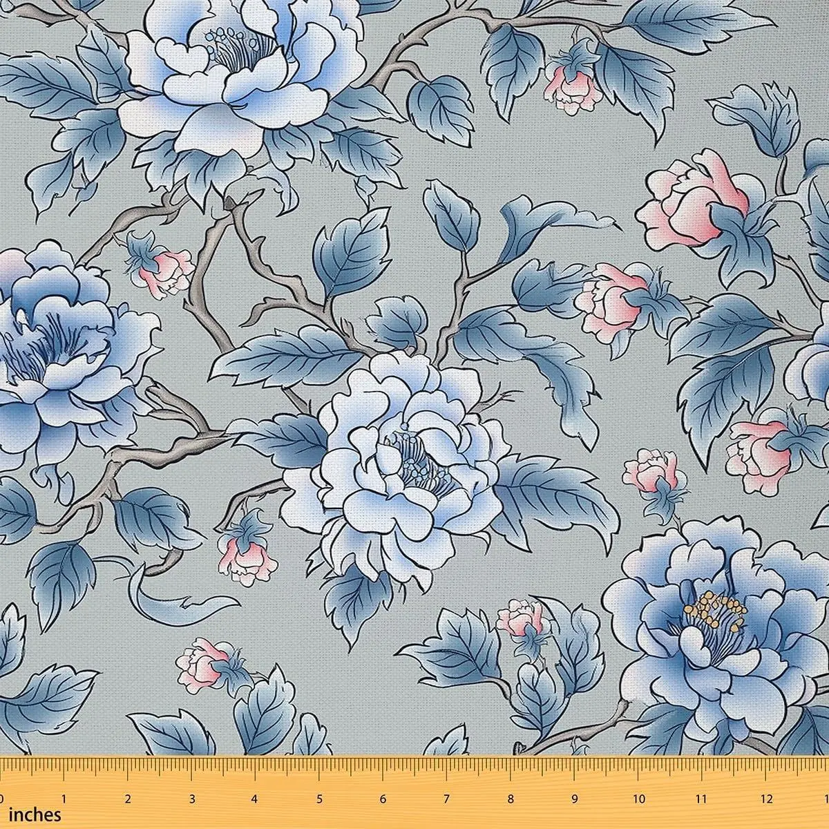 Watercolor Flowers Fabric Sketch Blue Pink Blooming Floral Decor Fabric Sewing Lovers Rustic Garden Style Soft Flannel Polyester No Stretch Sewing Craft