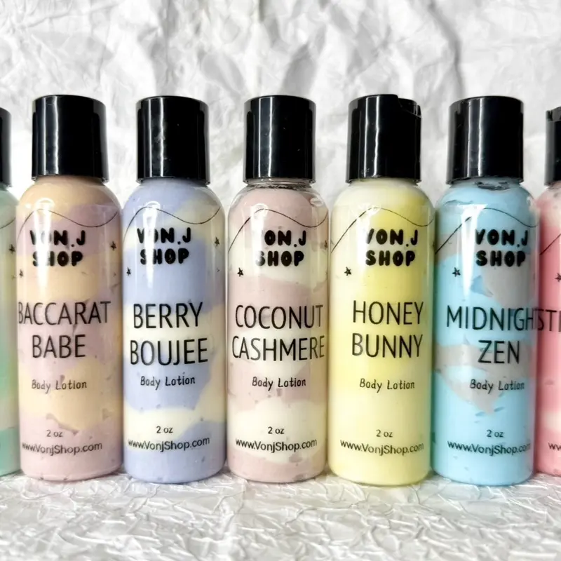 VonJ Shop Summer Body Lotion Lineup - Baccarat Babe, Berry Boujee, Coconut Cashmere, Honey Bunny, Midnight Zen - 2 oz Each