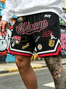 Men's Casual Gym Shorts, Drawstring Waist, Chicago Basketball Pattern, Breathable Mesh Fabric, Summer Fitted Short Pants, Graphic Shorts