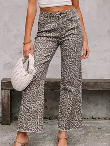Leopard Frayed Edge Wide Leg High Waist Jeans - Stylish Leopard Print with Frayed Edges, Comfortable Wide Leg Design, Versatile for Casual Outings