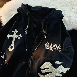 European and American autumn and winter hoodie embroidered cross fireproof jacket+cashmere enthusiast loose sweater