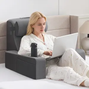 Reading Pillow for Bed Sitting Up, Backrest Cushion with Arms, Side Pockets and Cup Holder, Support Pillow for Reading, Gaming and Relaxing