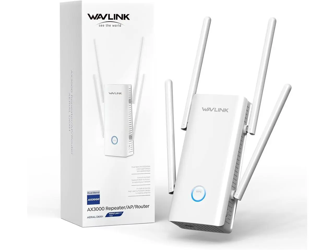 WAVLINK AX3000 WiFi 6 Extender - Internet Extender WiFi with 5 High-Gain Antennas & Beamfo- Internet Extender WiFi with 5 High-Gain Antennas & Beamforming, Dual Band Whole Home Coverage, Gigabit Port, Repeater/AP/Router Mode for 256 Devices