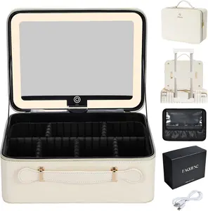 Leather Makeup Case with LED Lighted Mirror 11.4 Inch Travel Makeup Bag  Faquenc