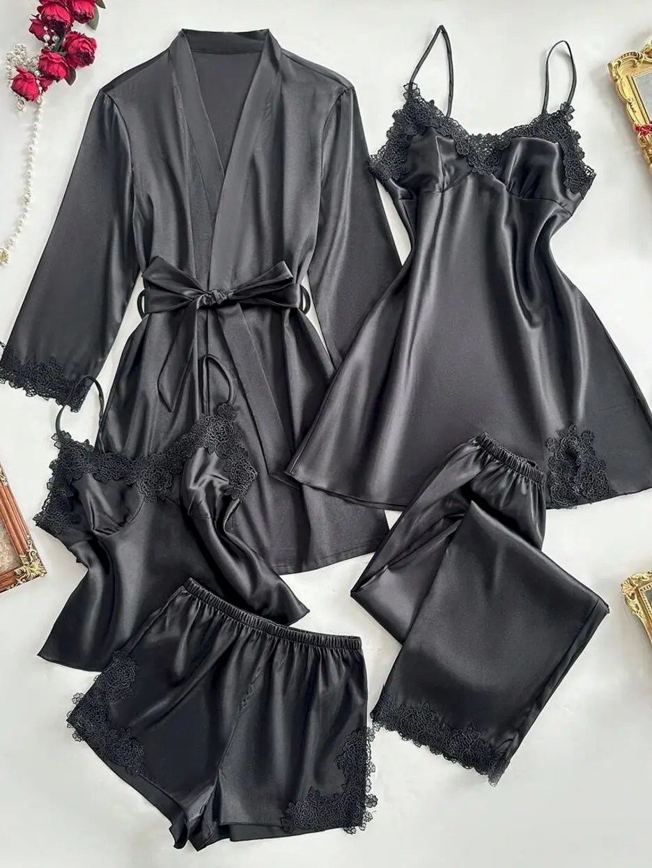 5pcs Set Contrast Color Trim Decor Faux Silk Camisole Top & Shorts & Pants & Belted Robe & Sleep Dress, Fall Winter Clothes