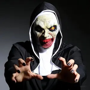 Horror demon nun full latex mask with hood, Halloween horror costume mask, suitable for haunted houses, Halloween cosplay, and pranks