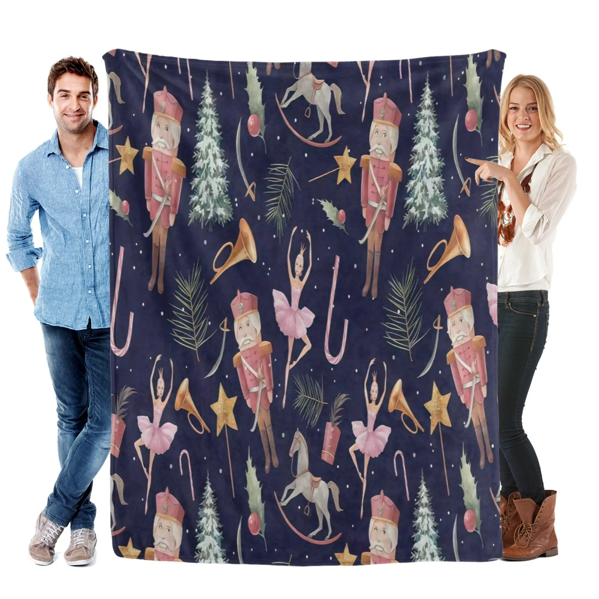 Vintage Watercolor Pink Nutcracker Ballerina Christmas Flannel Throw Blanket, Premium Ultra-Soft Warm Cozy Fleece Blanket, Holiday Home Decor for Sofa, Bed, Living Room, Perfect Festive Christmas Gift For Kids Women Girls