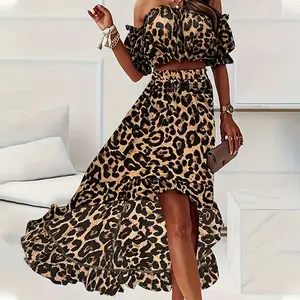 Women Leopard Print High-waisted Wide-leg Skirt Contrasting Leopard Print V-neck Top Leopard Print Two-piece Set Dressy Casual Clothes Spring Summer Trendy Outfits