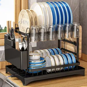 2-Layer Dish Drainer with Drainboard, Durable Rustproof Metal Kitchen Organizer, Large Capacity Countertop/Sink Bowl Rack with Utensil & Cup Holder, Easy Assembly & Cleaning, No Tools/Screws Required (12" D × 16.6" W × 13" H)