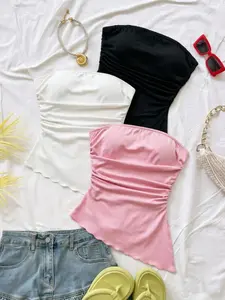 Three-Piece Women's Strapless Sleeveless Pleated Tube Top Set, Asymmetrical Hem Sexy Casual Y2K Bodycon Bralette Vest, Summer Party Clubwear