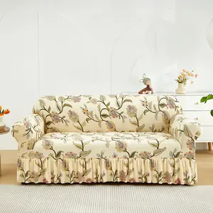 Vintage Floral Elastic Stretchable Sofa Cover with Skirt, Plant Sofa Protector, Pet-Proof, Single/double/triple/quad Seat