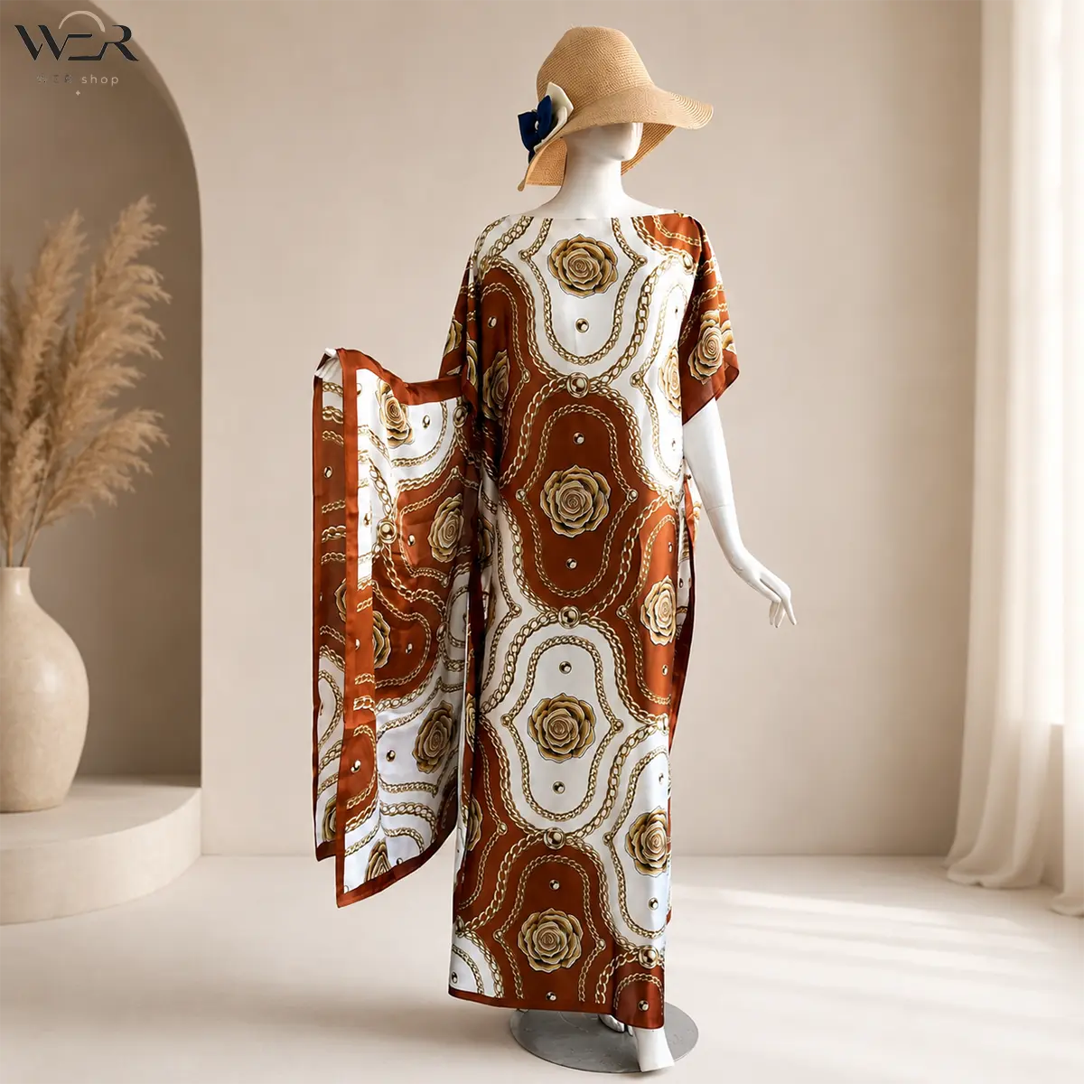 Brown White Kaftan Dress Rose Chain Print Caftan Maxi Dress Boho Beach Cover Up Resort Wear Flowy Long Dress Summer Vacation Dress for Women Elegant Casual Party Dress Womenswear