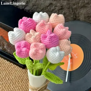 LuneLingerie 12-Pcs Handmade Crochet Tulip Flower Bouquet without Vase, Artificial Flower Bouquet, Mother's Day Gifts, Fall Room Decor, Summer Tulips Artificial Decorative, Home Centerpieces Decor Wedding Anniversary