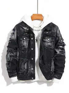 Manfinity Homme Men's Casual Long Sleeve Rapper Street Wear Plain Dark Denim Jacket With Color Block, Front Button Pockets, For Party Going Out Hang Out Disco Vacation Street, For Fall