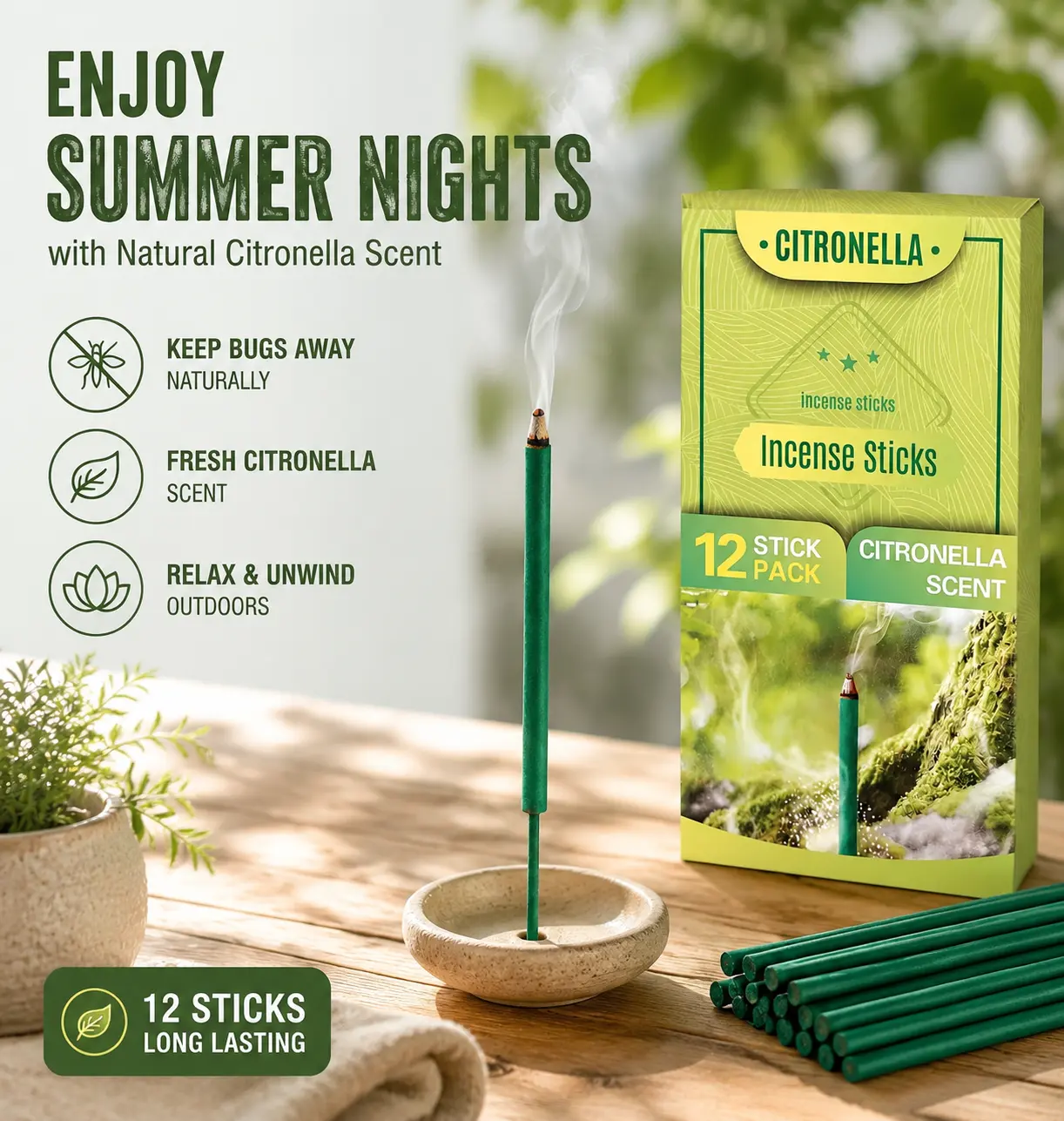 Citronella Incense Sticks | Outdoor Bug Repellent Sticks | Patio Camping Summer Essentials | 12 Pack