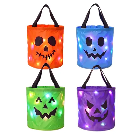 LED Light Up Halloween Trick or Treat Buckets, Single or 2 Pack, Orange Green Blue Purple Pumpkin Candy Bags for Kids Party Favors