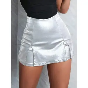 High Waist Stretch Split Hem Faux Leather Mini Skort with Tassel for Club Party and Music Festival Women's Casual Wear