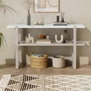 (High end and high-quality)Narrow Console Table with Marble-Effect Top, Retro Entryway Table with Open Shelf, Sofa Table for Entryway, Hallway and Living Room (Gray Wash)