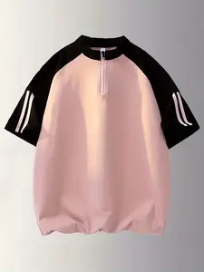 One men’s summer half-zip T-shirt, casual minimalist crew neck color-block short-sleeve top, suitable for everyday summer wear