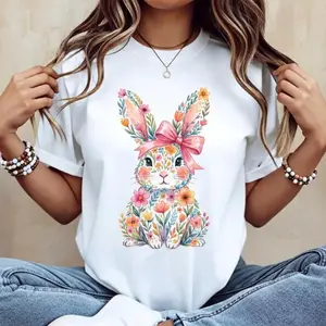Casual Women s Round Neck Short Sleeve T Shirt Featuring Easter Bunny with Pink Bow and Colorful Swirls Print Perfect for Spring Festivals and Outdoor Leisure