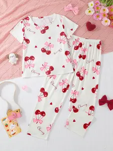 Girls' Sleepwear Set, Casual Round Neck Short Sleeves & Elastic Waist Pants, Fire Retardant Knit Fabric, Cartoon Print, All Seasons, Cherry Print Pajamas, Summer Sleepwear Set