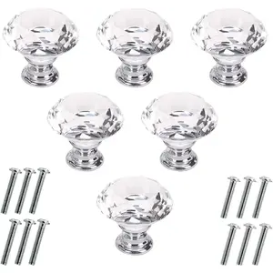 6 Pcs Crystal Glass Cabinet Knobs 30mm Diamond Shape Drawer Kitchen Cabinets Dresser Cupboard Wardrobe Pulls Handles (30mm, Clear)